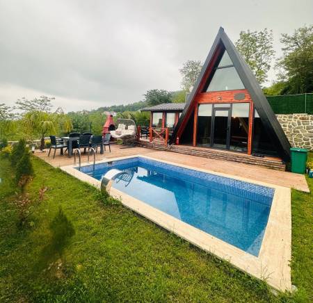 Comfortable Bungalow with City and Lake View, Heated Private Pool, Private Garden, Jacuzzi, Fireplace in Sapanca