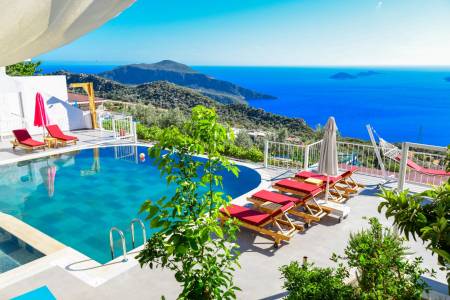 Panoramic Sea View Villa with Sheltered Private Pool, Kids Pool, Private Garden, Pool Terrace, Jacuzzi in Kalkan