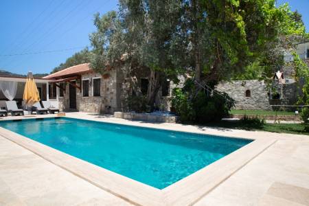 Stone Villa with Fireplace, Private Pool and Private Garden Sitting Area, Intertwined with Nature in Bodrum Ortakent